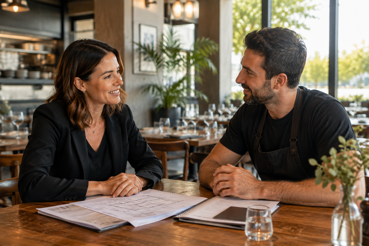 Licensing consultant talking with a venue owner across a table in a bright restaurant