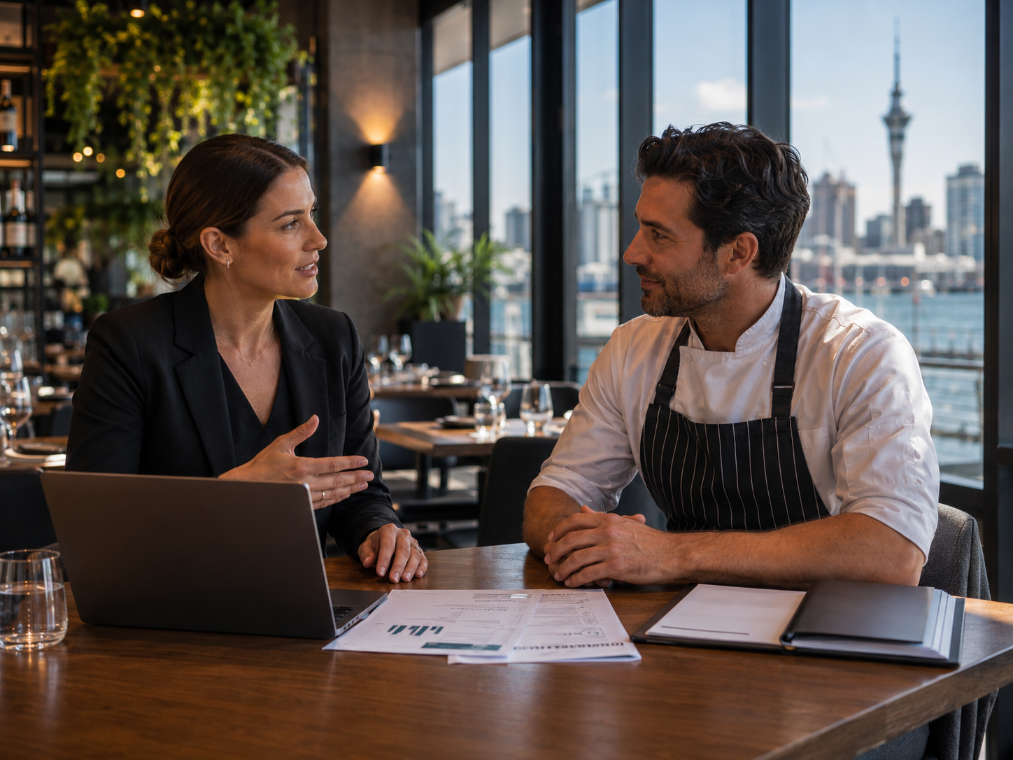 Consultant talking with a hospitality operator at a restaurant table with laptop and documents