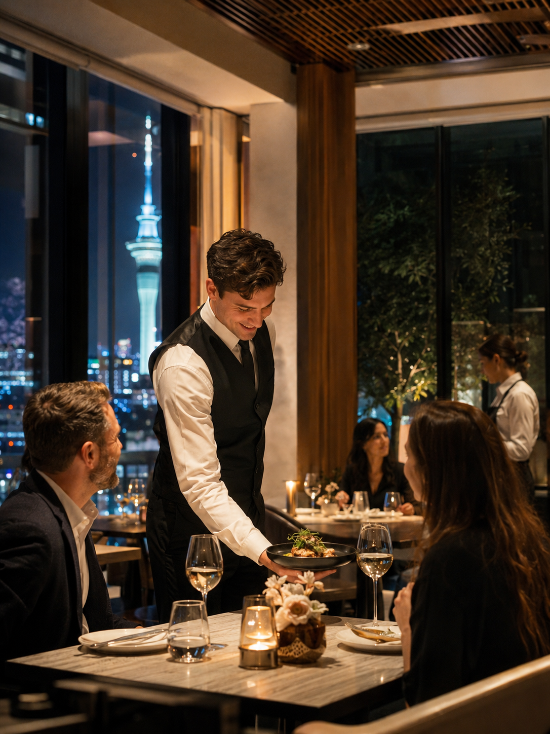 Hospitality staff serving guests attentively during evening service in a premium Auckland venue