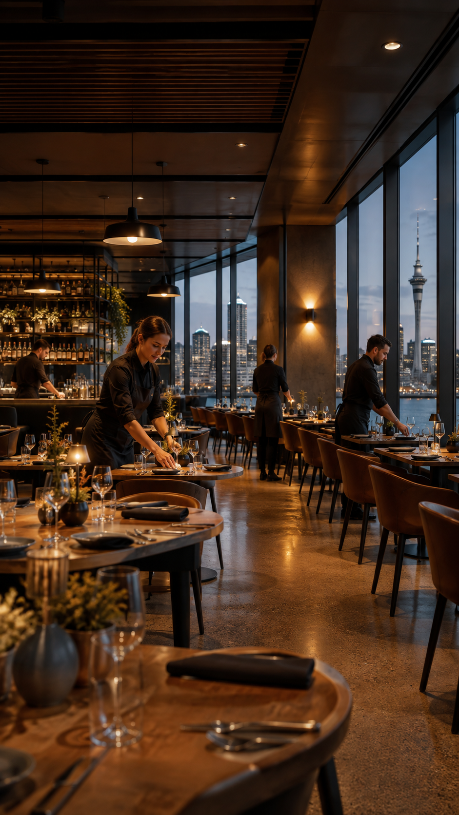 Hospitality staff preparing a premium Auckland restaurant for evening service