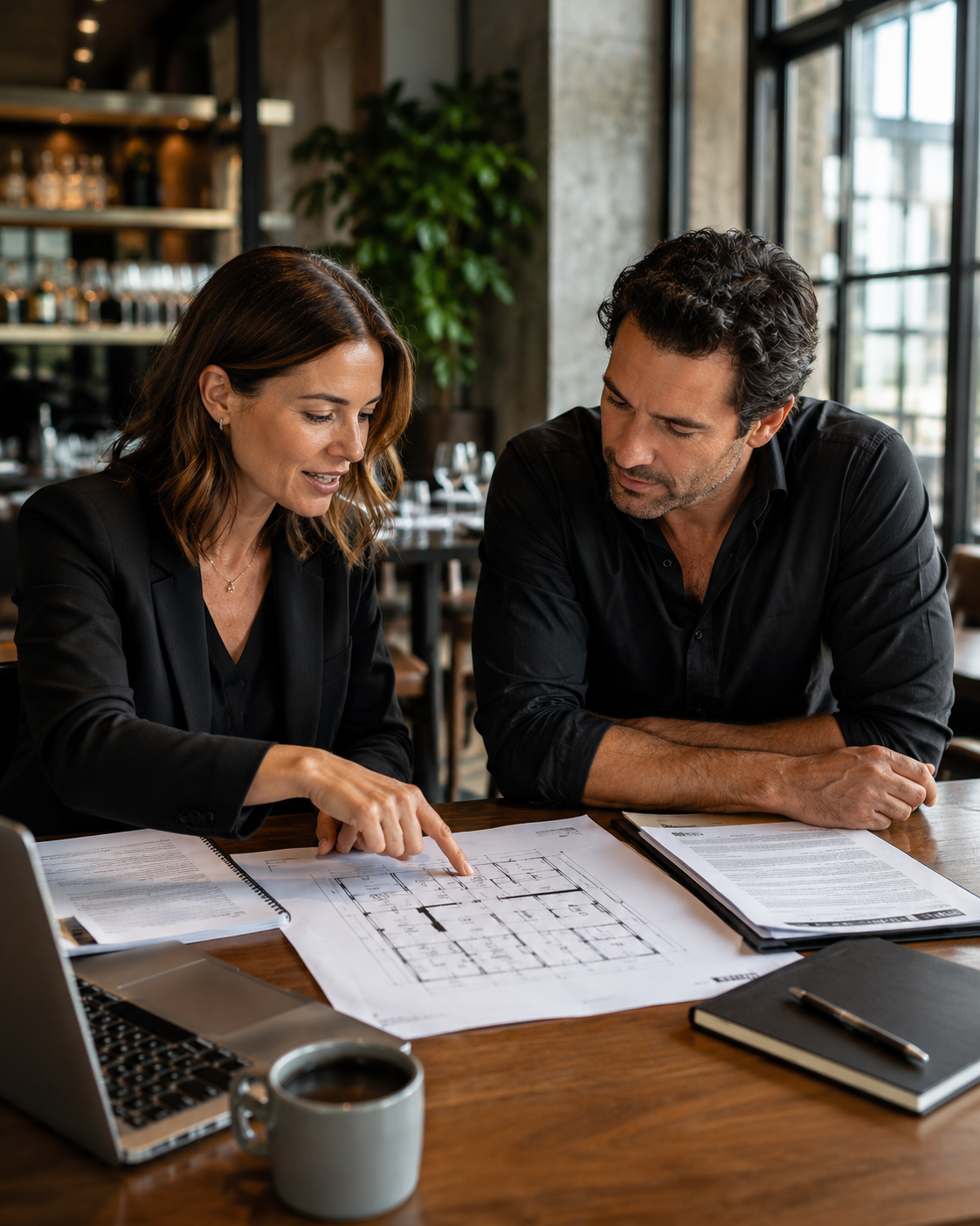 Consultant and hospitality operator reviewing premises plans and licensing documents