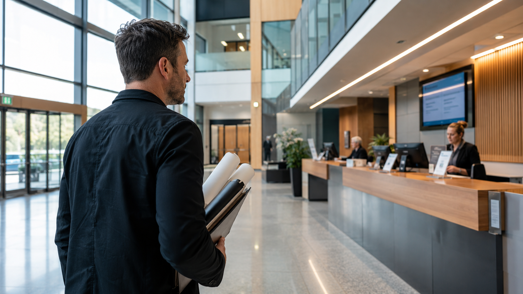 Licensing consultant and hospitality operator reviewing premises plans and licence documentation